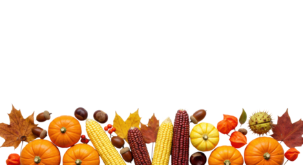 Artfully arranged miniature orange pumpkins, white gourds, yellow & red corn, maple leaves, acorns, and chestnuts on a transparent background with negative space for text, autumn harvest abundance.