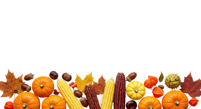 Artfully arranged miniature orange pumpkins, white gourds, yellow & red corn, maple leaves, acorns, and chestnuts on a transparent background with negative space for text, autumn harvest abundance.