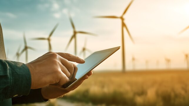 Digital Technology Optimizing Wind Power: Person using a Tablet near Wind Turbines in a field at sunset