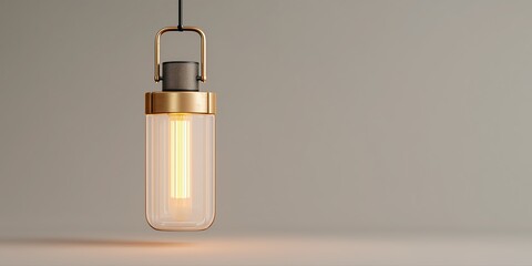 Warm glowing filament in glass and brass pendant lamp with soft shadows on neutral wall

