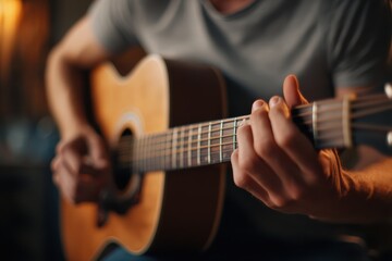 Fototapeta premium A person in a gray shirt is playing an acoustic guitar, focusing on the hand strumming and fretting the strings in a cozy indoor setting