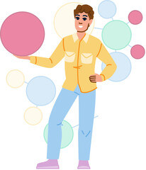 Young man showing a big pink round icon with molecule network background
