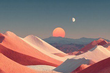 Sunset over layered mountains with a moon in a gradient sky landscape illustration