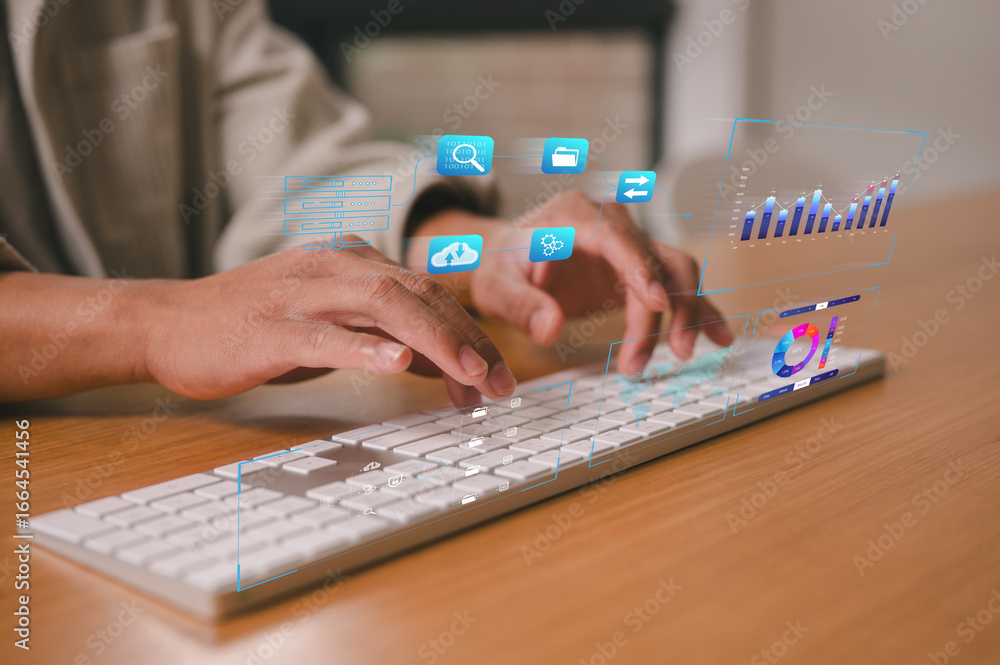 Aufkleber close-up of hands typing on a keyboard with virtual digital icons, data analytics charts, and cloud 