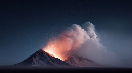 Fototapeta premium Dramatic mountainscape under starry sky, lit by fiery eruption. Evokes power, change, and potential. Ideal for themes of nature, transformation, and energy.