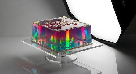Futuristic technology cube with glowing holographic circuits inside, illuminated in a studio.