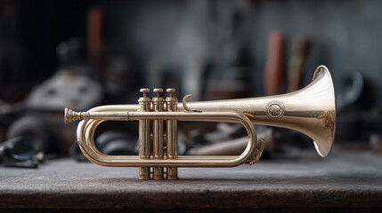 Obraz premium Elegant golden trumpet resting on a workbench. Evokes artistry, craftsmanship, music. Ideal for themes of jazz, creativity, musical instruments.