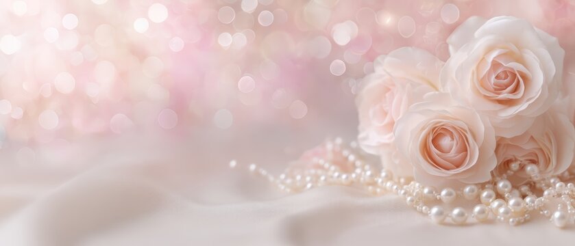 Soft pink roses and elegant pearl beads rest on satin fabric, creating a romantic, dreamy, and luxurious atmosphere with a gentle bokeh background