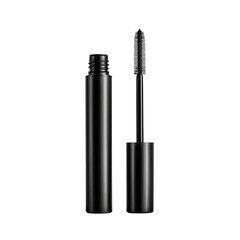 Mascara tube with wand placed beside, clean bristles visible, isolated on transparent background.