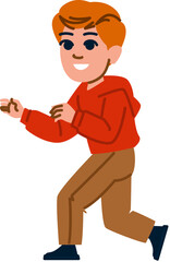 Smiling boy running and pointing with finger