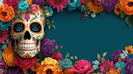 a colorful skull surrounded by flowers on a blue background