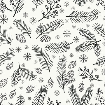 Seamless Pattern, Winter themed pattern with pine branches, pine cones, and snowflakes in black and white Stock royalty free image.