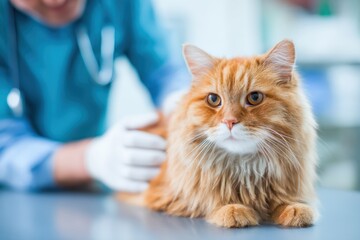 A fluffy orange cat is examined by a veterinarian in a clinical setting, focusing on the cat's calm expression and soft fur