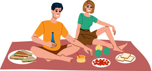 Couple enjoying picnic with food and drinks on blanket