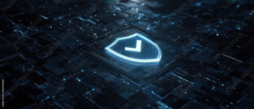 Poster the shield glowing with checkmark on a futuristic digital circuit board background