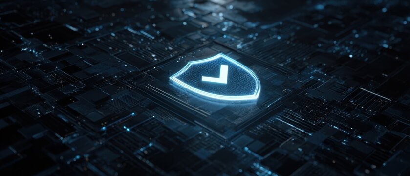 The Shield glowing with checkmark on a futuristic digital circuit board background