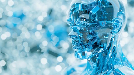 Futuristic Transparent Humanoid Robot Head with Circuits