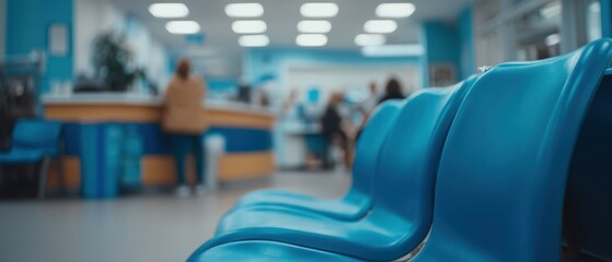 Rows of empty blue chairs in a brightly lit waiting area with people and a reception desk in the background