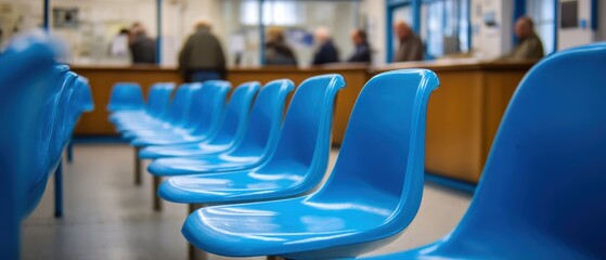 A row of empty blue plastic chairs in a waiting area, with people standing at a counter in the background