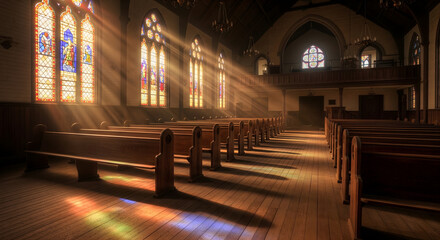 Sunlight streams through the colorful stained-glass windows of a church, illuminating the empty wooden pews and casting long shadows