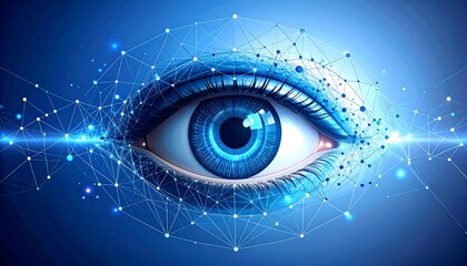 A close-up view of a digitally enhanced human eye, showcasing intricate network connections, creating a futuristic and insightful visual.