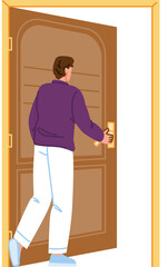 Man opening door entering new home or leaving apartment