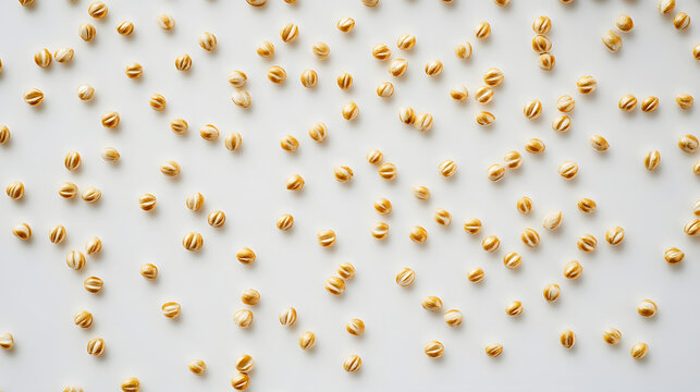Golden barley grains scattered in a random pattern on a smooth white surface, focusing on their round shape and organic texture.Golden barley grains scattered in a random pattern on a smooth white sur