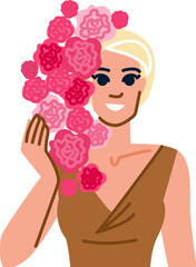 Smiling blonde woman with pink flowers and brown dress