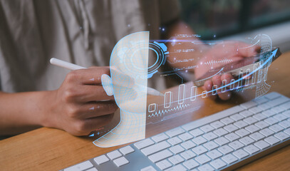 Man working with AI agents interface digital dashboard and analytics charts, showing data visualization and command prompt representing artificial intelligence support for daily task data management
