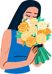 Woman smelling bouquet of orange and white roses