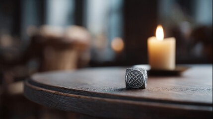 Fototapeta premium Intricate Celtic knot cube with a candle on wood. Symbolizes fate, design, or mystery. Ideal for spiritual, cultural, or creative project visuals.