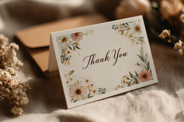 Gratitude in Bloom: A delicate Thank You card adorned with floral artwork rests alongside a rustic envelope, symbolizing appreciation, recognition, and heartfelt sentiment.