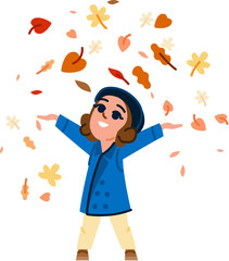 Happy girl playing with falling autumn leaves