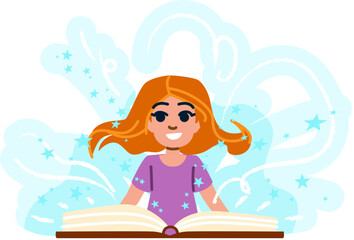 Smiling girl reading a magic book with stars appearing from it