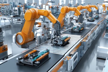 Robotic arms assembling electronic components on an automated production line in a modern factory