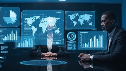Executives in a high-tech boardroom reviewing holographic world maps and analytics dashboards—global strategy, finance, data-driven decisions, corporate tech scene. generative AI - Powered by Adobe