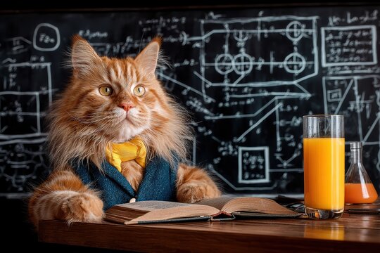 A well-dressed orange cat sits at a desk with an open book and orange juice, with a chalkboard full of scientific diagrams behind it - Powered by Adobe