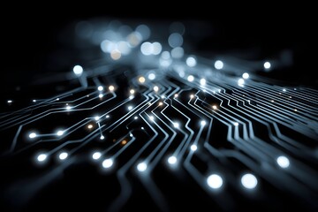 Glowing blue circuit lines and nodes highlight tech links and digital breakthroughs on black.