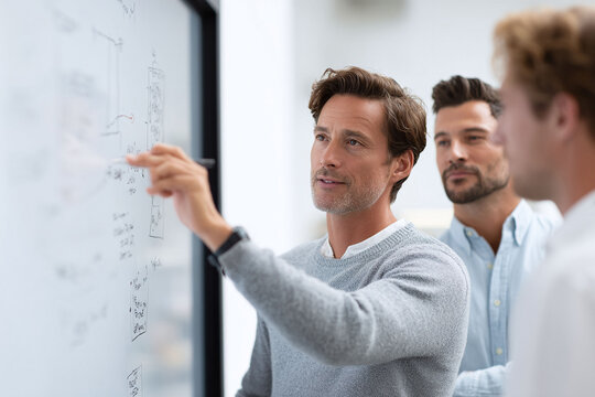 Team collaborating on ideas. Man explaining strategy on whiteboard, coworkers listening. Illustrates teamwork, planning, innovation. Ideal for business concepts.