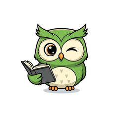 A cute, green cartoon owl playfully winks while holding an open book.