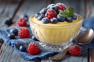 Creamy custard dessert in glass with berries and spoon on rustic wooden surface.