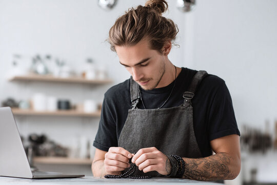 Artisan at work Man creating beaded jewelry in a bright, modern studio. Captures focus, creativity, handmade crafts, and small business concepts. Versatile image.