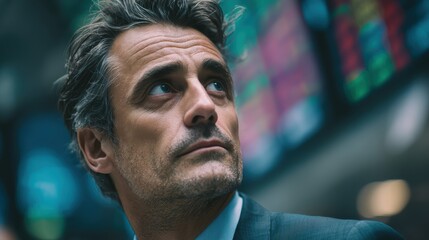 A contemplative businessman in a suit stands in front of colorful digital stock market screens, appearing focused and thoughtful