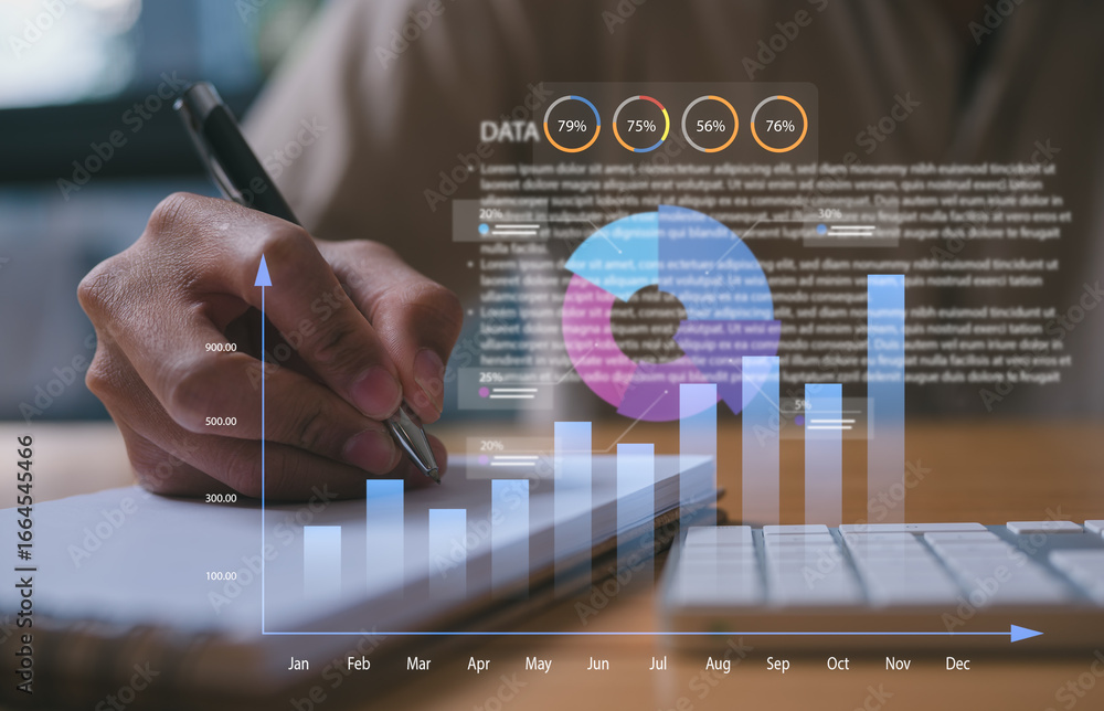 Aufkleber close-up of hand writing on notebook with futuristic data analytics overlay including bar charts, pi