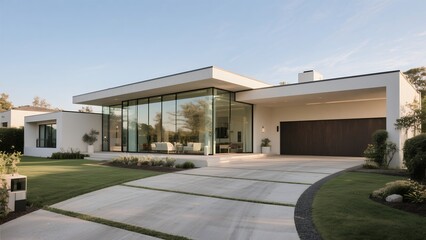 Modern White Contemporary House with Large Glass Windows and Green Lawn in Clear Sky