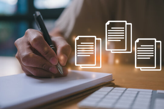 Close-up of hand writing on notebook with digital task list overlay symbolizing productivity, task management, planning, organization, goals, workflow, business strategy, and efficiency