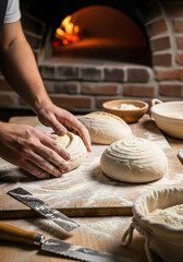 A person is shaping raw bread dough on a floured wooden board, with a warm, brick wood-fired oven in the background