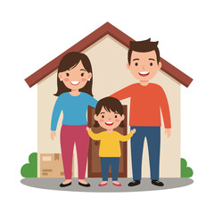 Obraz premium Happy cartoon family smiling in front of their new beige house with brown roof moving in together.