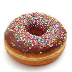 Chocolate glazed donut topped with colorful sprinkles