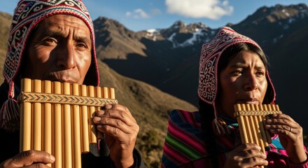 Obraz premium Indigenous Andean Musicians Playing Pan Flutes in the Mountains of Peru